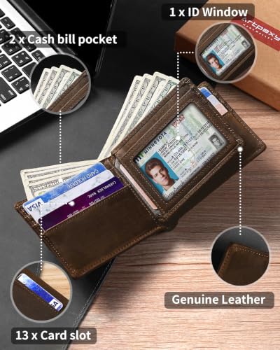 Image of Artpaxy Mens Wallet Bifold Genuine Leather RFID Blocking Wallet for Men with 1 ID Window 13 Card Holders 2 cash pockets 1 Gift Box