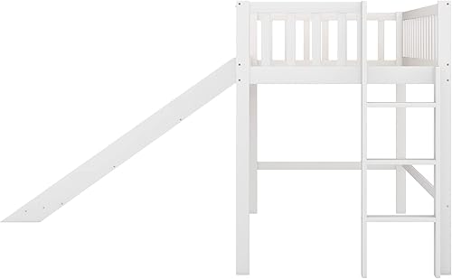 Miniatura 8 de Bellemave Cama alta baja, cama alta tamaño individual con tobogán, base de cama baja de madera con barandillas y escalera lateral para niños, niñas,