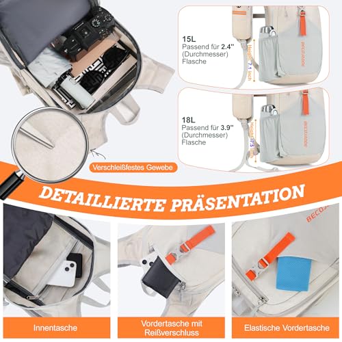 BECOJADDE 15L Wanderrucksack Herren Kleiner Rucksack Damen Leichter Daypack Tagesrucksack Faltbarer Trekkingrucksack für Camping Outdoor Wandern Travel Beige