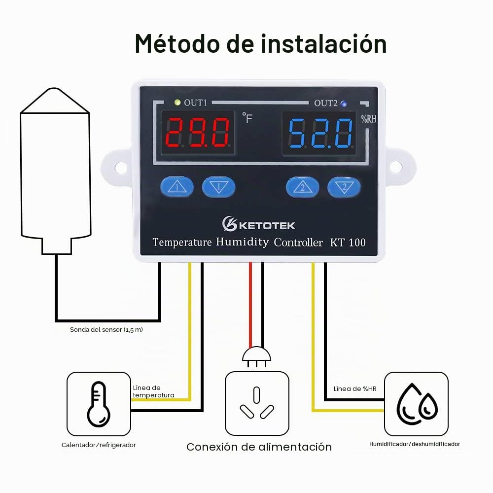 KETOTEK Controlador de Humedad y Temperatura 220V Higrostato Digital con Sonda, Termostato para Terrario Reptil Invernadero Incubadora Humidificador Deshumidificador