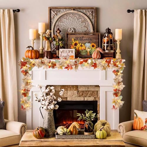 Image of Fall Garland with Lights, 5.6FT Lighted Fall Leaves Garland with Pumpkins, Battery Powered Maple Leaf Decorations for Home, Thanksgiving Fall Decorations Fireplace Proch Indoor, Timer