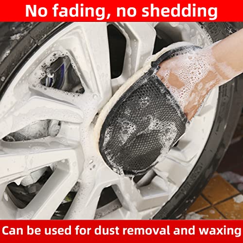 Moioee Car Wash Wool Glove, 2 Pcs Fleece Auto Cleaning Pad Gloves, Soft High Density Automotive Washing Mat, Scratch Free Bear Claw Clean Glove, Car Polish Wax Mitt Washing Tools (Black/Single Sided) #TOP2