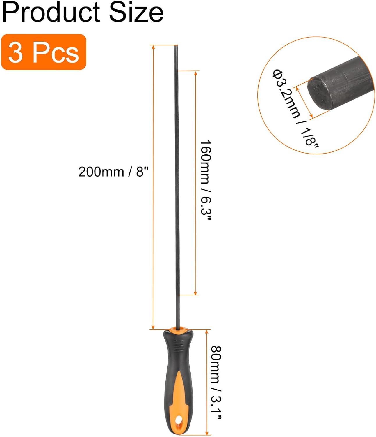 HARFINGTON 3pcs Chainsaw File, 3.2mm (1/8-inch) Round Sharpening Files Tool with Plastic Handle for Chain Chainsaw Sharpening, Grinding, Black