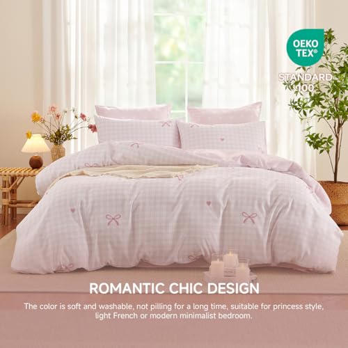 Image of Girls Duvet Cover Set Full Size,Pink Bow Ties on Gingham Pattern Reversible Bedding Set for Adults Kids,Romantic Graceful Style Microfiber Comforter Cover 3pcs with 2 Pillowcases