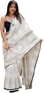 Femori Off-White Linen Saree with Black Striped Design, Minimal Handloom Style, Lightweight with Unstitche Blouse Piece fo... Price In India