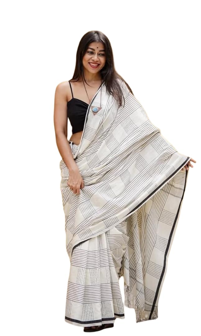 Femori Off-White Linen Saree with Black Striped Design, Minimal Handloom Style, Lightweight with Unstitche Blouse Piece fo...