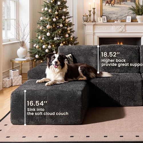 Image of 114 inch Glitter Cloud Sectional Couch with L-Shape Chaise & Ottoman, Modern Boneless Couches for Living Room, Fluffy Tufted Deep Seat Modular Sofa No Assembly (Gray Sparkly Velvet,Right Facing)