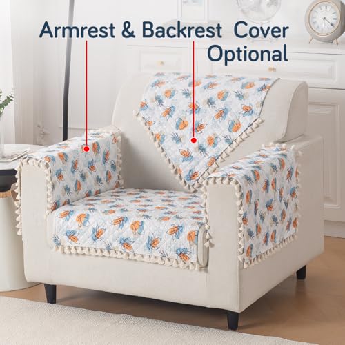 Image of HOKIPO Abstract Petals Quilted Sofa Cover Mat with Tassels for 1 Seater 'Tassel Twigs' Series (IN-982-T10)