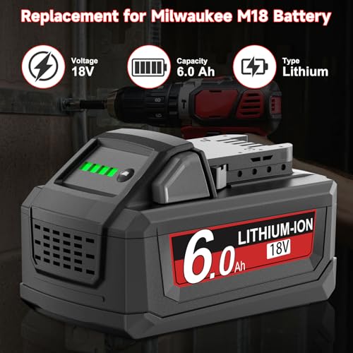 Image of 2Pack 6.0Ah Replacement for Milwaukee m18 Battery 18 Volt Lithium Battery 18V Compatible with 48-11-1810 48-11-1820 48-11-1840 48-11-1850 48-11-1828 48-11-1860 Cordless Power Tools
