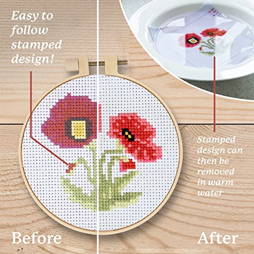 Image of Kraftex Stamped Cross Stitch Kits for Beginners (Flower Theme - 6.75 Inch - 4 Pack 1 x Embroidery Hoop) Embroidery Needlepoint Patterns for Adults, Includes Poppy, Rose, Sunflower and Pansy