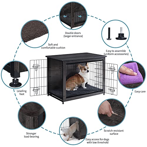 DWANTON Dog Crate Furniture with Cushion, Wooden Kennel Table with Double Doors, Indoor Dog House, Medium Size, 32.5" L, Dark Gray - Image 5