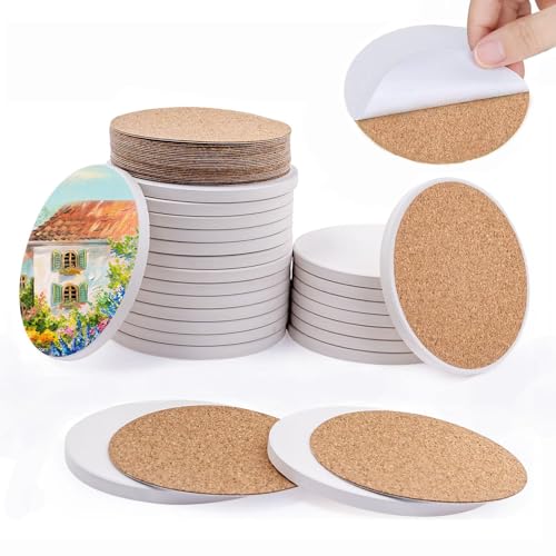 Lot de 24 sous-Verres en Céramique Blanche Ronde Ø10 cm avec Dos en Liège – Carreaux en Céramique Non Émaillée Absorbants à Personnaliser – Support DIY pour Peinture, Résine, Marqueurs, Dessin