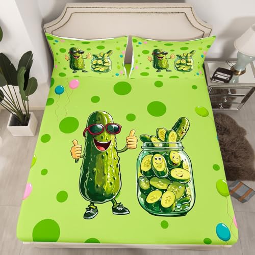 Pickles Kids Fitted Sheet Twin,Funny Cucumber Bed Sheets,3D Pickles Sheets Cute Room Decor for Teen Girls Cartoon Style Food Bed Set