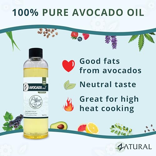 Image of Zatural 100% Avocado Oil Pure Natural without Additives, Clean, Cold Pressed, Non-GMO, Vegan: For Cooking, Frying, Baking and for Sauces, Dressings, Marinades, Salads (8 Ounce)