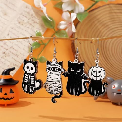 Halloween Earrings for Women, Halloween Jewelry for Women, Funny Halloweens Gifts for Woman, Cute Wooden Cat Ghost Skeleton Earrings for Woman Her Sister Friend Gifts3