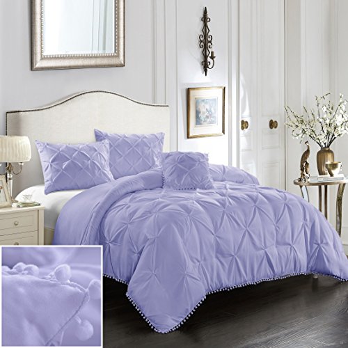 EVOLIVE 3PC Pinch Pleat Comforter Set with Pom Pom(Twin, Purple)