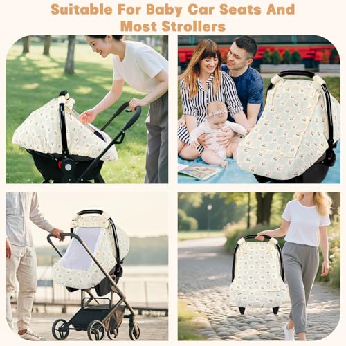 Image of Car Seat Cover Baby, HNHUAMING Muslin Cotton Carseat Covers for Babies Girls Boys Summer Infant Car Seat Covers Canopy, Cozy Newborn Carseat Covers Stroller Cover with Breathable Mesh Window, Floral
