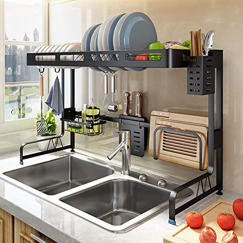 Over Sink Geschirrkorb Organizer, Küchengeschirrtrockner mit Besteckhalter, Edelstahl-Abtropffläche Regal Zähler Schwarz 87 cm (34 Zoll)