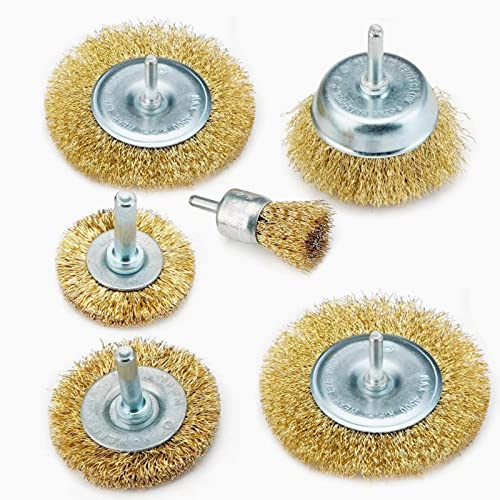 Image of Wire Brush Wheel Cup Brush Set 6Pcs, 1 /4 Inch Arbor 0.012 Inch Coarse Brass Coated Crimped Wire Brush for Drill Used to Clean Rust, Flakes and Abrasives Drill Attachment