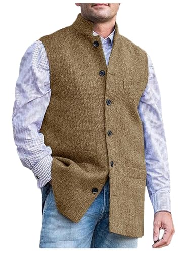 VENNYNG Men's Herringbone Tweed Stand Collar Long Vest with 6