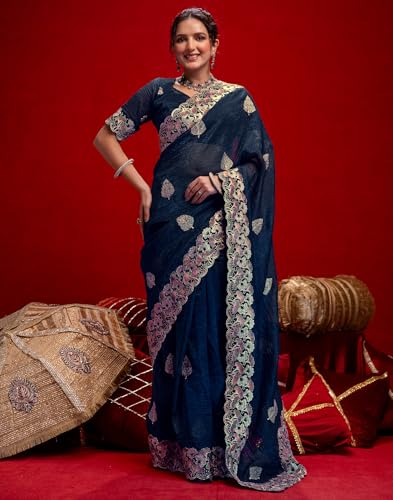 Image of SIRIL Women's Shimmer Chiffon Sequence Embroidery Saree With Unstitched Blouse Piece for Wedding and Parties