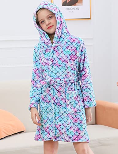 Funnycokid Mermaid Robes For Girls Flannel Bathrobes Kids Soft Plush Hooded Sleepwear 7-9 Years Long Sleeve Loungewear Pajamas Gift Size 7 8 9 #TOP3
