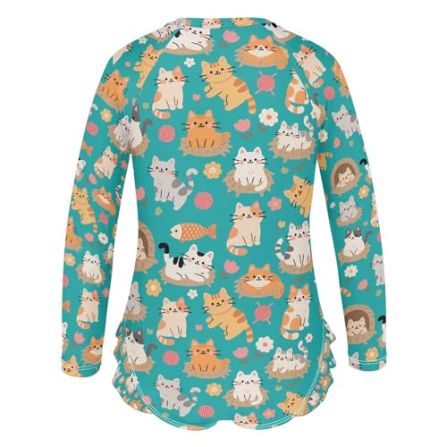 ALAZA Cat Kitten Ball Fish Girls One Piece Swimsuit Long Sleeve Rashguard Swimsuit UV 50+ Swimwear Zip3
