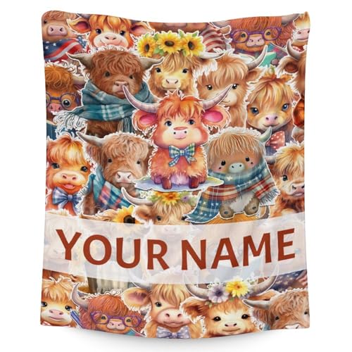 Personalized Highland Cow Blanket Gifts with Name - 30x40 Inches Cute Throw Blanket for Girls & Boys - Brown Soft Fuzzy Blankets for Couch & Office
