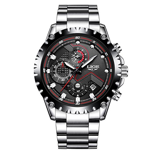 Preisvergleich Produktbild Mode Chronograph Analoger Quarz Herrenuhren Multifunktions Auto Datum Silber Edelstahlband Armbanduhr mit schwarzem Zifferblatt