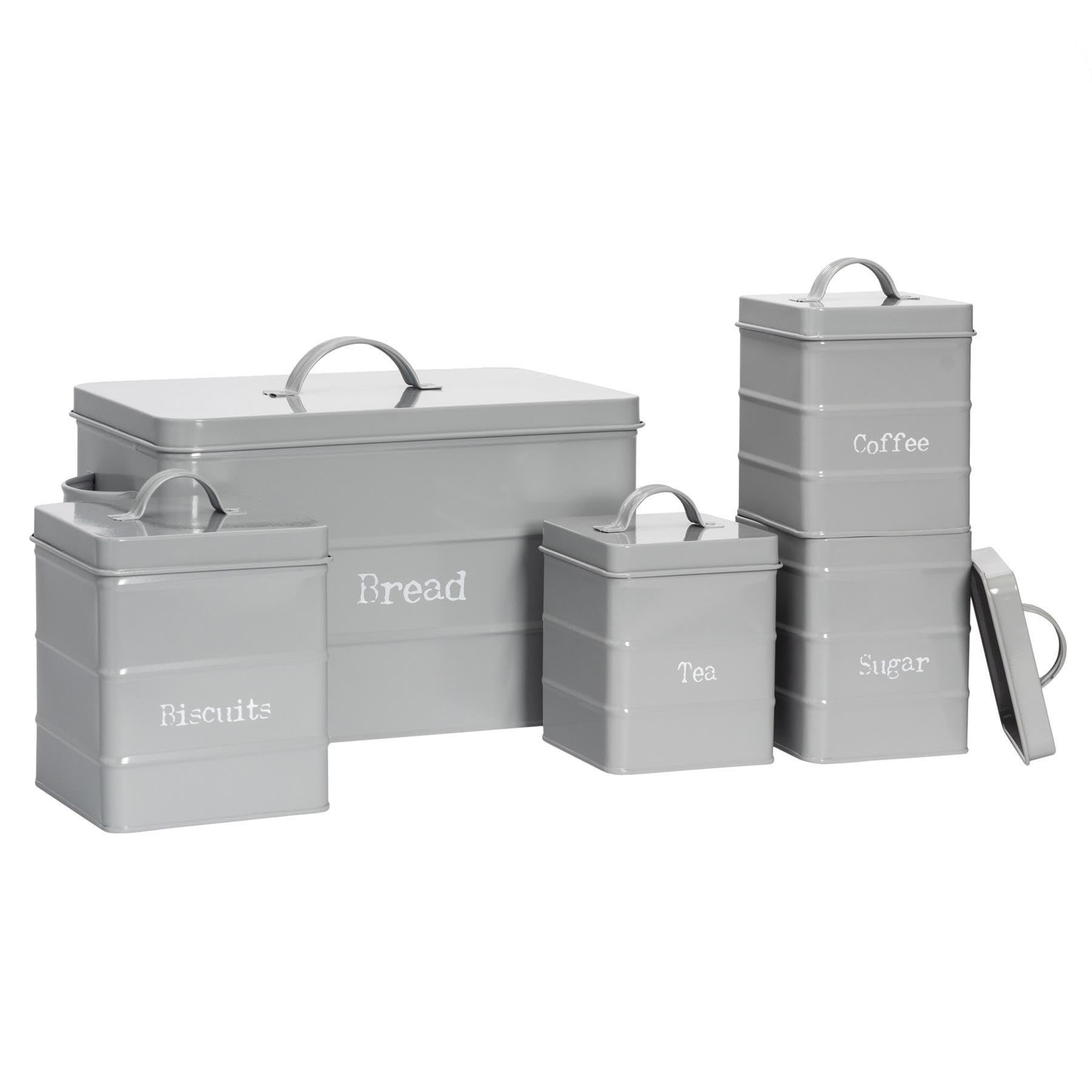 Harbour Housewares Metal Kitchen Canister Set - Grey - 5pc Vintage Retro Food Storage Preservation Canister Caddy Container Bread Bin with Airtight Fit Lid for Kitchen Organisation & Home Décor