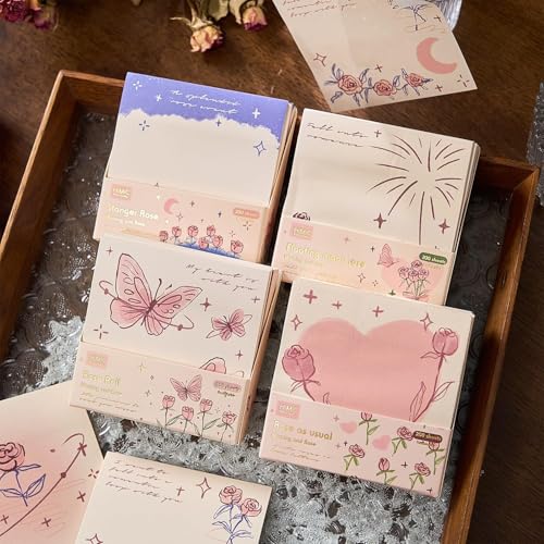 Image of Sticky Notes Set, Multicolour, Over 200 Rectangular Self-Stick Memo Pads with Delicate Heart, Rose & Butterfly Designs for Journaling, Office, Creative Projects (Pack-1)(Multi Color)