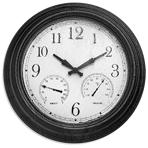 Aspen Home & Garden Large Outdoor Clock And Thermometer, Hygrometer – 18” Uv-Resistant Waterproof Clock W/Quartz Movement & Polypropylene Face – Powder-Coated Metal Outdoor Wall Clock – Home Gifts #TOP5