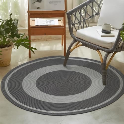 Image of Cotton Round Carpet 4x4 feet - Handmade Braided Boho Rug for Living Room, Bedroom & Balcony - Soft Washable Floor Mat, Color -Grey Silver