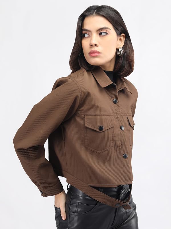 Image of CHKOKKO Solid Crop Jackets for Women stylish latest Long Sleeve Stylish Winter Shirt Jacket Casual Outerwear for Office