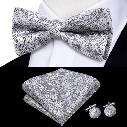 Image of Dubulle Mens Paisley Striped Bowtie Set Pre-tied Bowtie for Men and Pocket Square Set Wedding Business