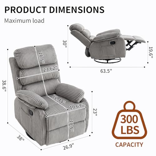 Image of Premium Velvet 360 Swivel Rocker Recliner with Extended Footrest - High Back Glider Chair for Nursery, Living Room & Small Spaces, Featuring Padded Armrests and Handy Side Pocket, Grey