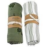 Oliver & Rain Baby Swaddle Sampler - 2-Pack Newborn 100% Organic Cotton Muslin Swaddle Blankets in Green Stripe and Green Tree Print