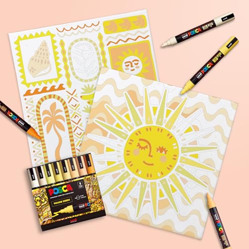 Image of POSCA Canvas Paint by Number Kit, Sunshine Mosaic - 8 Markers with 2 Pre-Drawn Canvases - for All Artists and Holiday Gifting