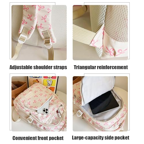 Bow Backpack 3Pcs Set, Cute Kawaii Coquette Pink Bag, Large Nylon Preppy Bookbag with Bows (brown)4