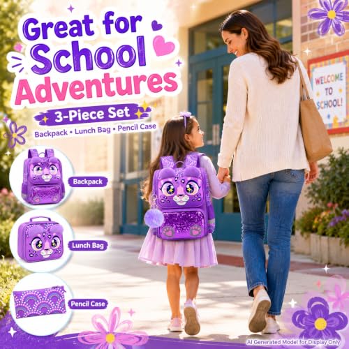 Image of KLFVB 3PCS Backpack for Girls and Boys, 15 inch Unicorn Dinosaur Bookbag with Lunch Box, Kids Preschool School bag