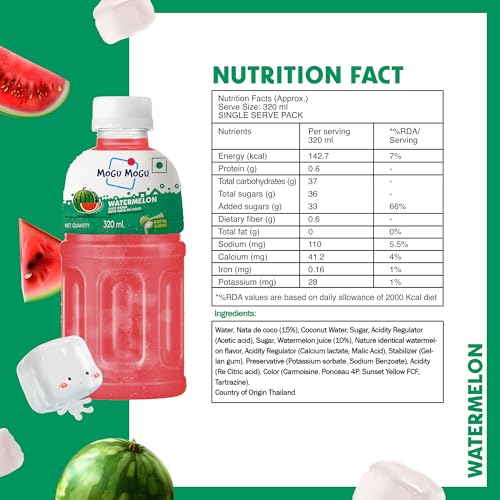 Image of Mogu Mogu Watermelon Juice with Nata de Coco Jelly 320ml | Refreshing Tropical Thai-Made Sip & Chew Beverage