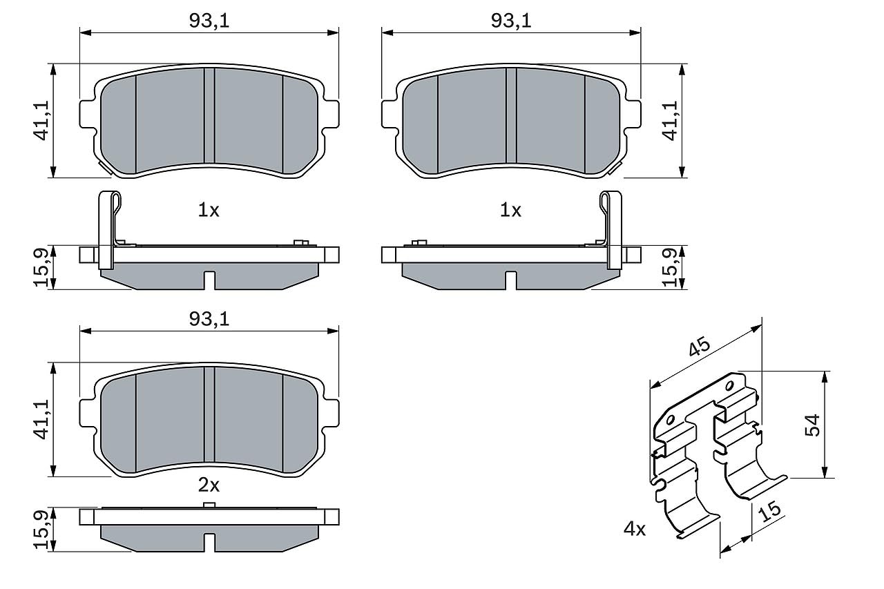 Bosch BP1051 - Auto Bremsbeläge hinten - Bosch-Qualität - für leises Bremsen mit wenig Staub - ECE-R90 zertifiziert - kupferfrei - 1 Set mit 4 Bremsbelägen - Mit Zubehör
