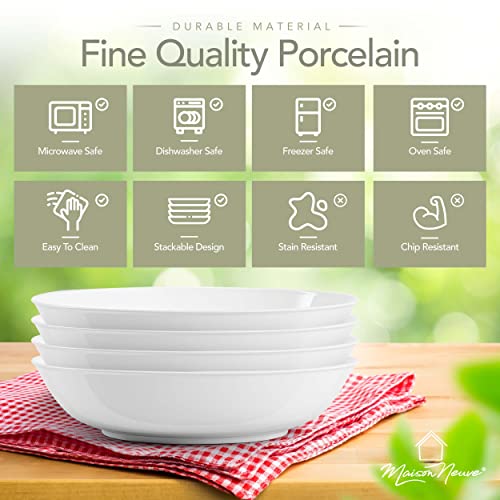 Maison Neuve Premium Porcelain White Dinner Bowls [Set Of 4]- 29Oz Dinnerware Kitchen Bowls For Soups, Noodles, Pasta, Salad, Cereal, Desserts- Durable Dishwasher-Safe 8.25” Serving Bowls- Super White #TOP4
