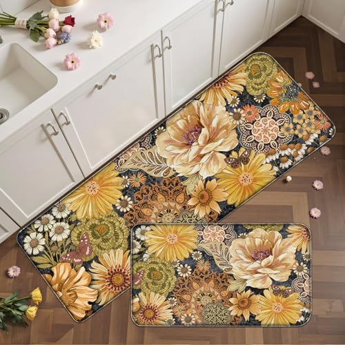 Tyrot Boho Floral Kitchen Mats for Floor 2PCS Anti Fatigue Mats for Kitchen Floor Cushioned Non Slip Waterproof Memory Foam PVC Kitchen Rugs Set for Sink,Office,Laundry 17.3"x28"+17.3"x47" B