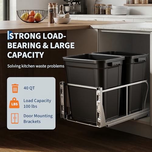 GarveeHome 2*40QT Pull Out Trash Can Under Cabinet, Heavy Duty Under Sink Garbage Bin Kit with Soft-Close Slides, 2 x 10 Gal Combo for Kitchen, Laundry | Requires Minimum Cabinet Opening 18" W x 24" D by GarveeHome - Used condition - Image 2