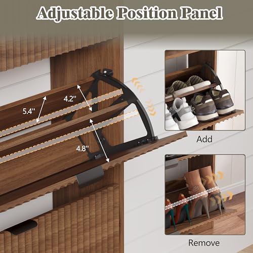 Image of Shoe Cabinet Storage for Entryway with 3 Flip Drawers, Fluted Narrow Shoe Organizer with Wooden Legs, Freestanding Slim Shoe Storage Hidden Shoe Rack Organizer for Front Door Entrance, Hallway, Walnut