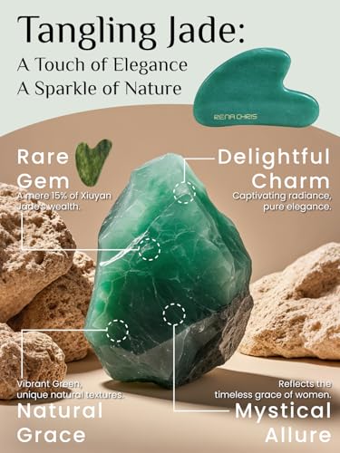Image of Rena Chris Gua Sha Facial Tools: Jade Stone Guasha Tool for Face Acupuncture Therapy, Facial Massager for Jawline Sculpting and Puffiness Reducing (Green)