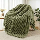 Exclusivo Mezcla Fleece Throw Blanket for Couch, Super Soft Striped Jacquard Bed Blanket, Lightweight Fuzzy Cozy for All Seasons, 50x60 Inches, Olive Green