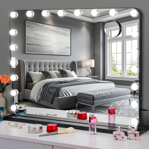 MAMIZO Espejo Maquillaje con Luz,80x60cm Espejo Hollywood de Mesa Iluminado,20 Bombillas LED Regulables,con 3 Modos de Color, USB, Espejo Aumento,Espejo de Tocador o Pared, Negro