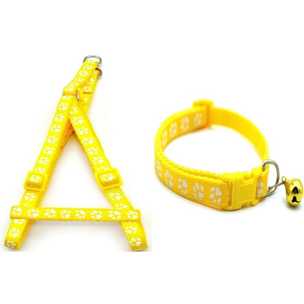 Small Dog Puppy Pet Collar and Harness Set Pawprint Design Nylon Adjustable Neck Size 19-32cm and Chest Size 21-34cm Yellow - Image 2